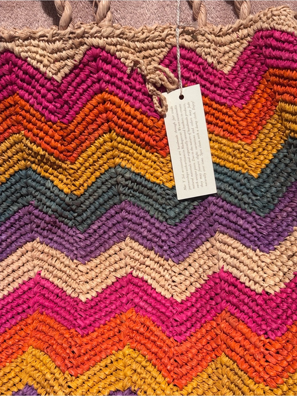 Mar Y Sol Handmade Chevron Raffia Tote Bag NWT – Colorful Rainbow Bag - Picture 2 of 11